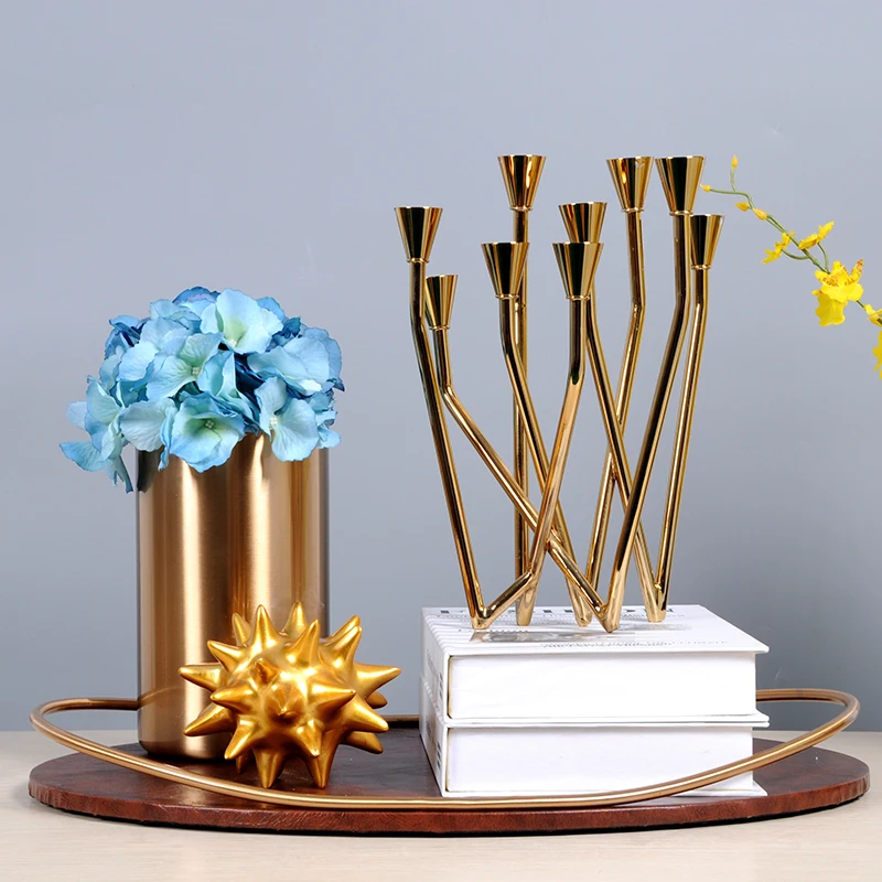 

Nordic Modern Gold 9 Arm Candlestick Metal Candle Holders Hotel Restaurant Table Wedding Centerpieces Bougeoir Home Decor