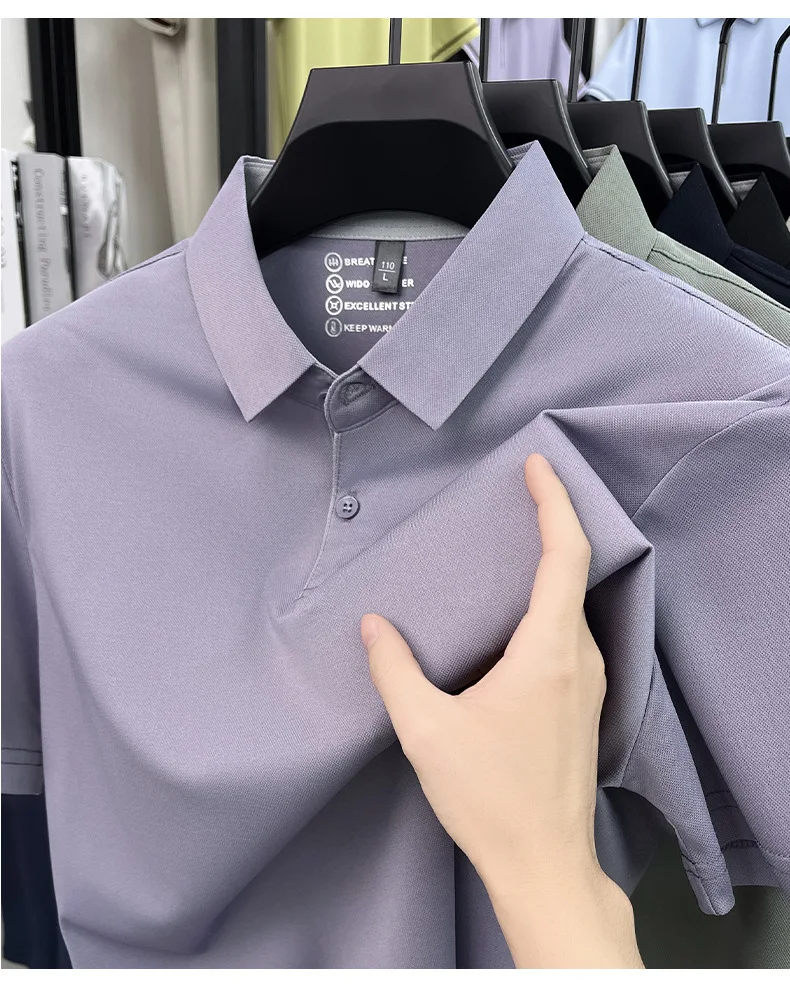 New summer men's polo shirt with a collar, breathable and elastic short sleeves, suitable for both business and casual wear