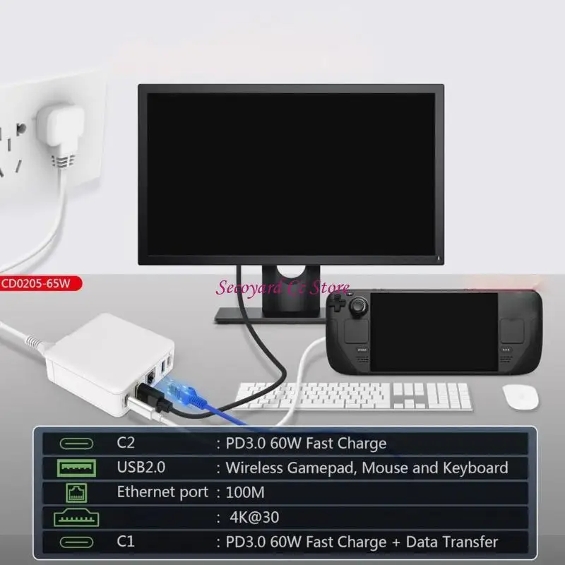 

N3UC Многофункциональная USB -зарядная станция с помощью PD60W Fast Fasterging, совместимая с устройствами игровых систем,