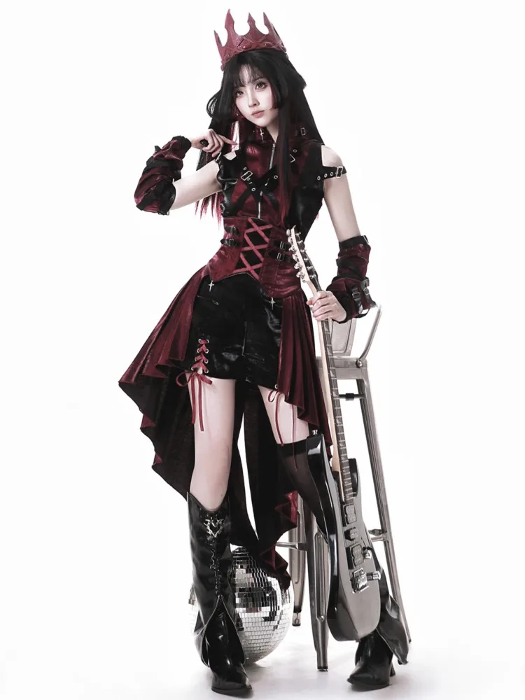 

Black and red Gothic friend-style top shoulder skirt sleeve dress
