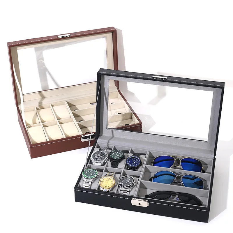 6+3 Girds PU Leather Multifunctional Glasses Organizer Watch Case Sunglasses Box Eyeglasses Display Storage For Men Or Women
