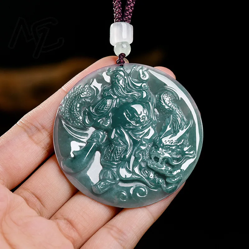 Natural Real Emerald Jade Blue Water Control Dragon Lord Guan Pendant Necklace Carved Jadeite Jewelry Amulet Gifts Certificate view 3