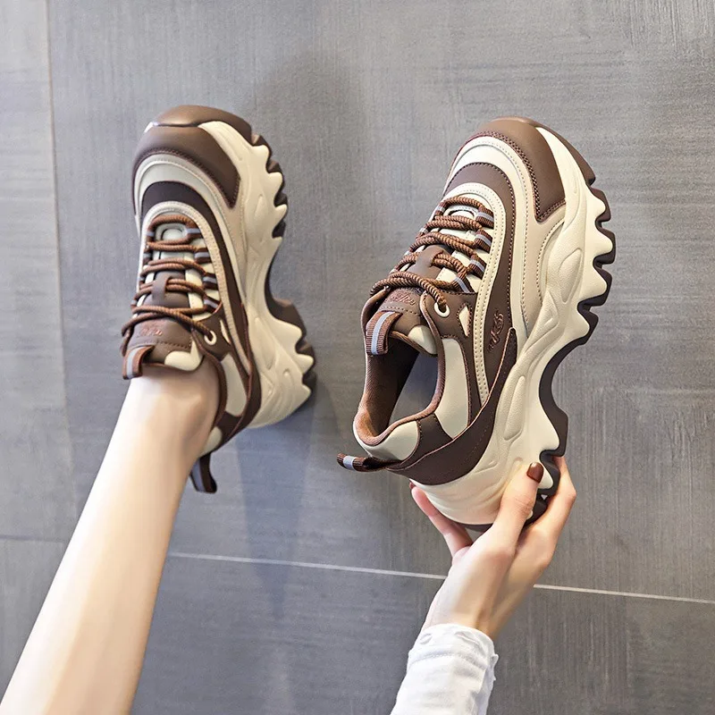 2024 Sneakers Women Casual White Shoes 8CM Fashion Height Increasing Thick Bottom Spring Platform Leather Woman Chunky Sneakers