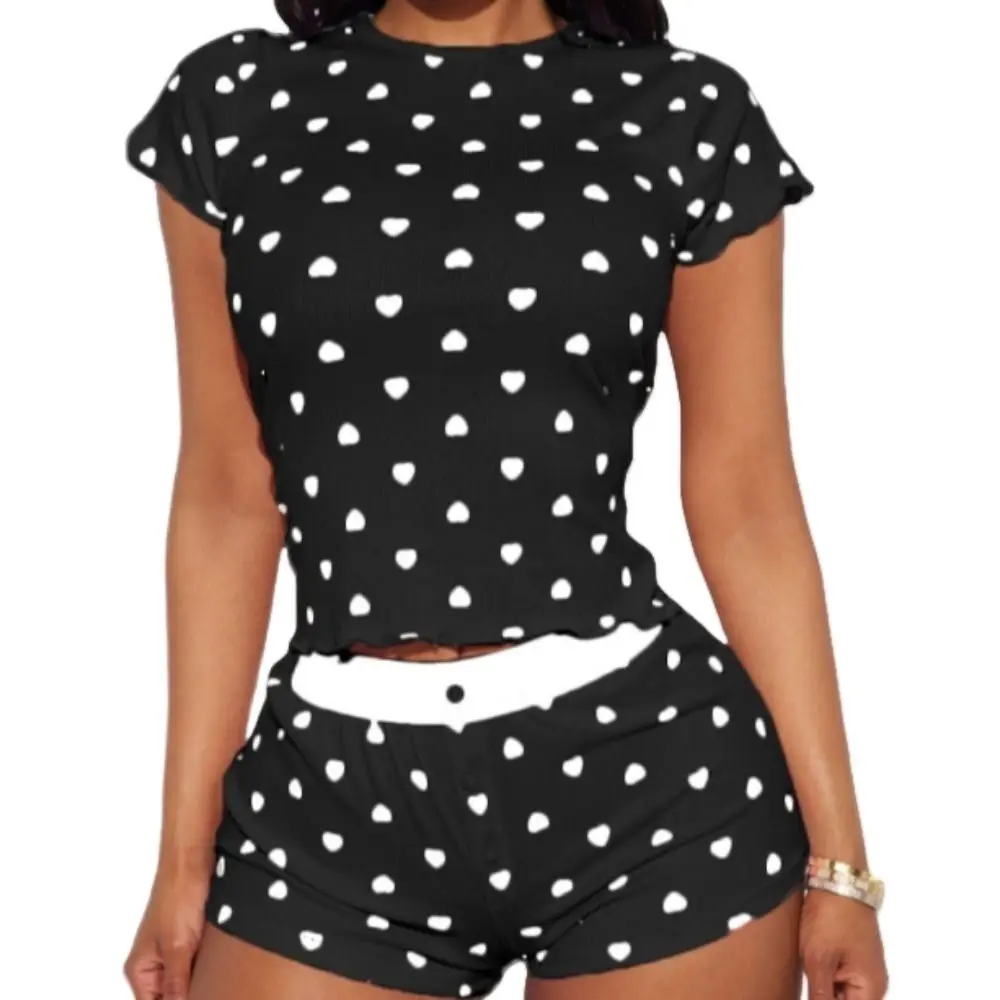 

Comfortable Sweet Short Sleeve Pajamas Set Thin Euffle Camisole Shorts Nightdress Homewear Heart Two Pieces Nightwear Indoor