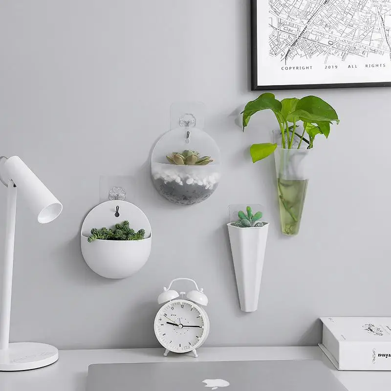 1Pc Garden Plastic Wall Hanging Mini Pot Self-Adhesive Hook Home Decoration Hydroponics Levitating Planter Vases Gift