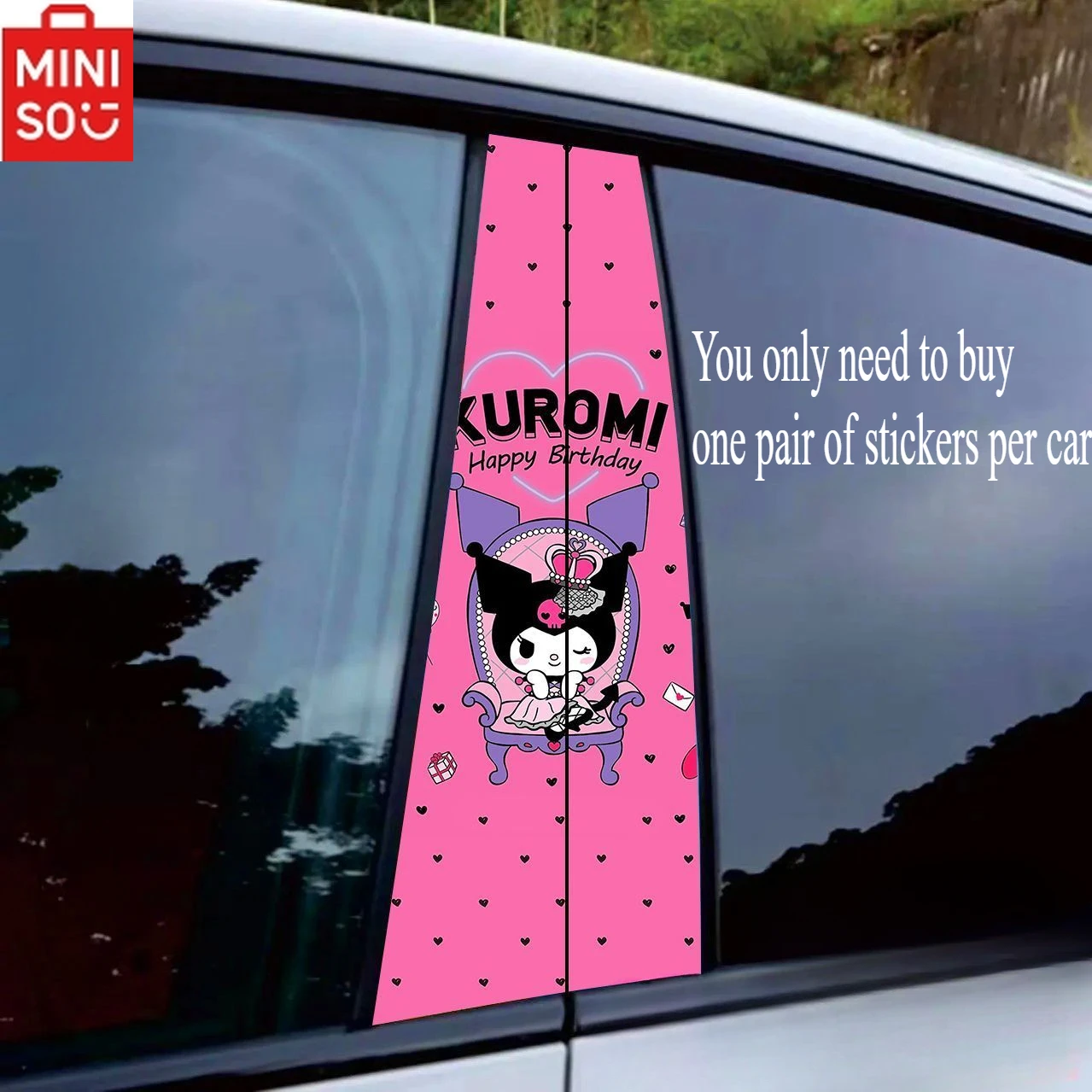 MINISO Sanrio Kuromi Car Door Center Column Modified Stickers A Pair of Cartoon Strawberry Bear Girls Body Decoration Stickers