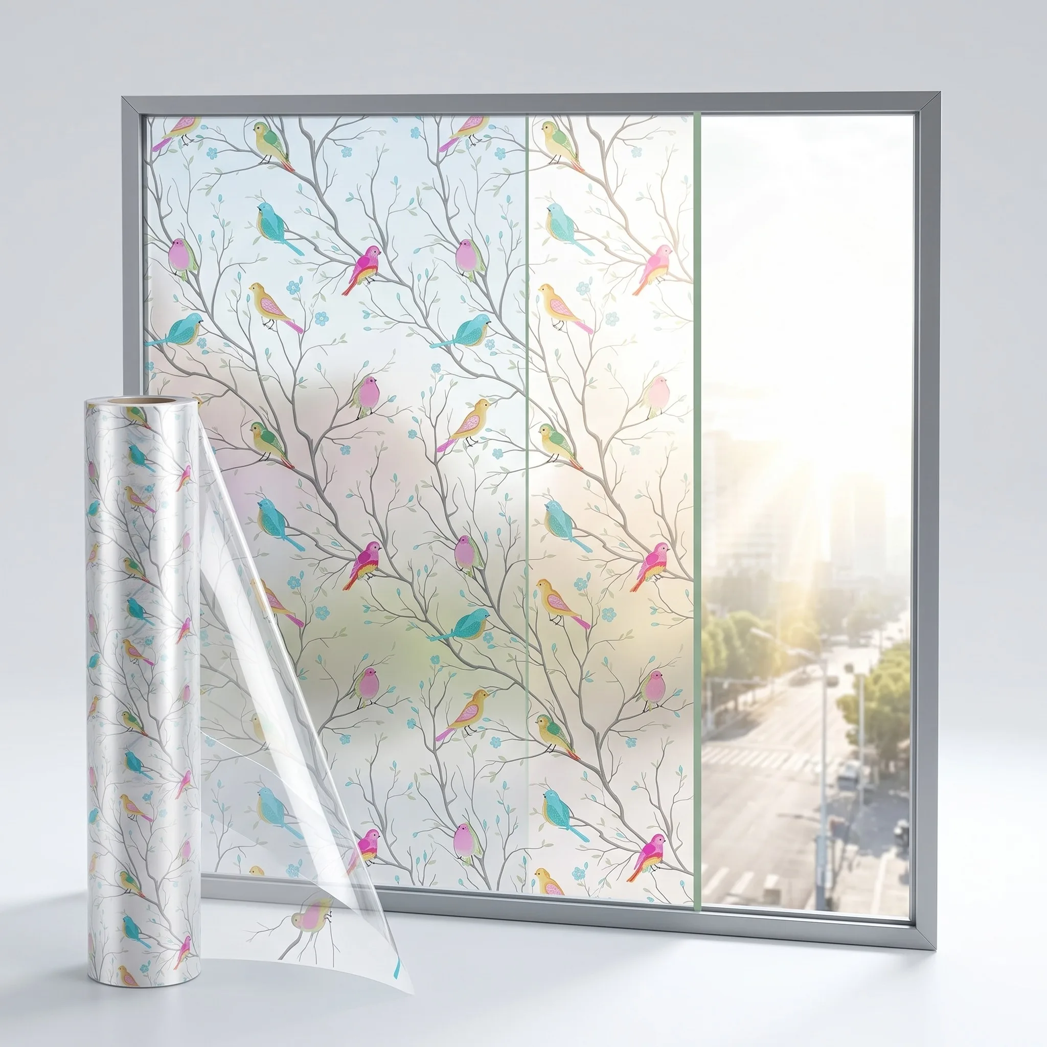Bird Window Film Privacy Decorative Tree Branch Static Cling for Home Bathroom Living Room Glass Door Decor