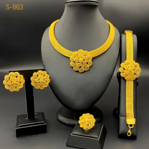 Luxury Wedding AU999 24K Gold Flower Jewelry Set! 4-Piece(Bracelet+Earrings+Ring+Necklace) Flattering, Newlywed Bliss Meaning