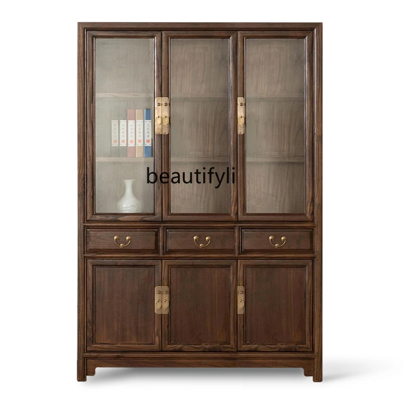 

Chinese solid wood antique glass cabinet living room display cabinet elm classical tenon and mortise structure bookcase