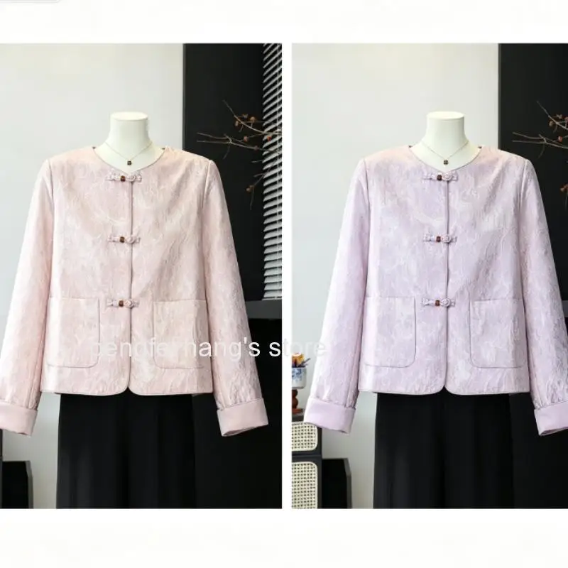 Women Tang Style Round Collar Jacquard Patchwork Cheongsam Top Vintage Button Long Sleeve Elegant Casual Daily Jacket Blouse
