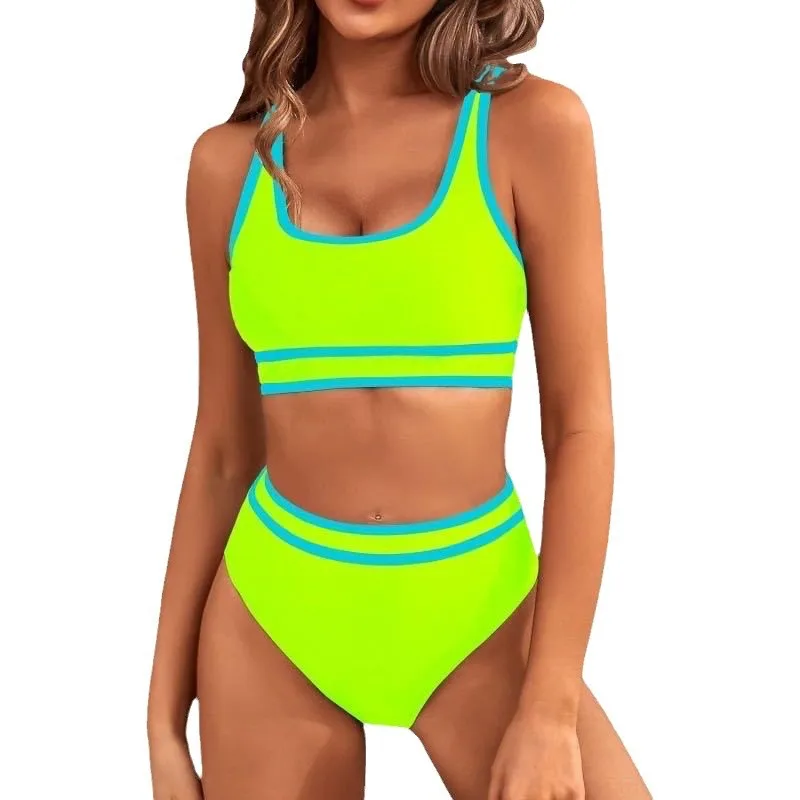 Women's High Waisted Bikini Sets Sporty Two Piece Swimsuits Color Block High Cut Bathing Suits