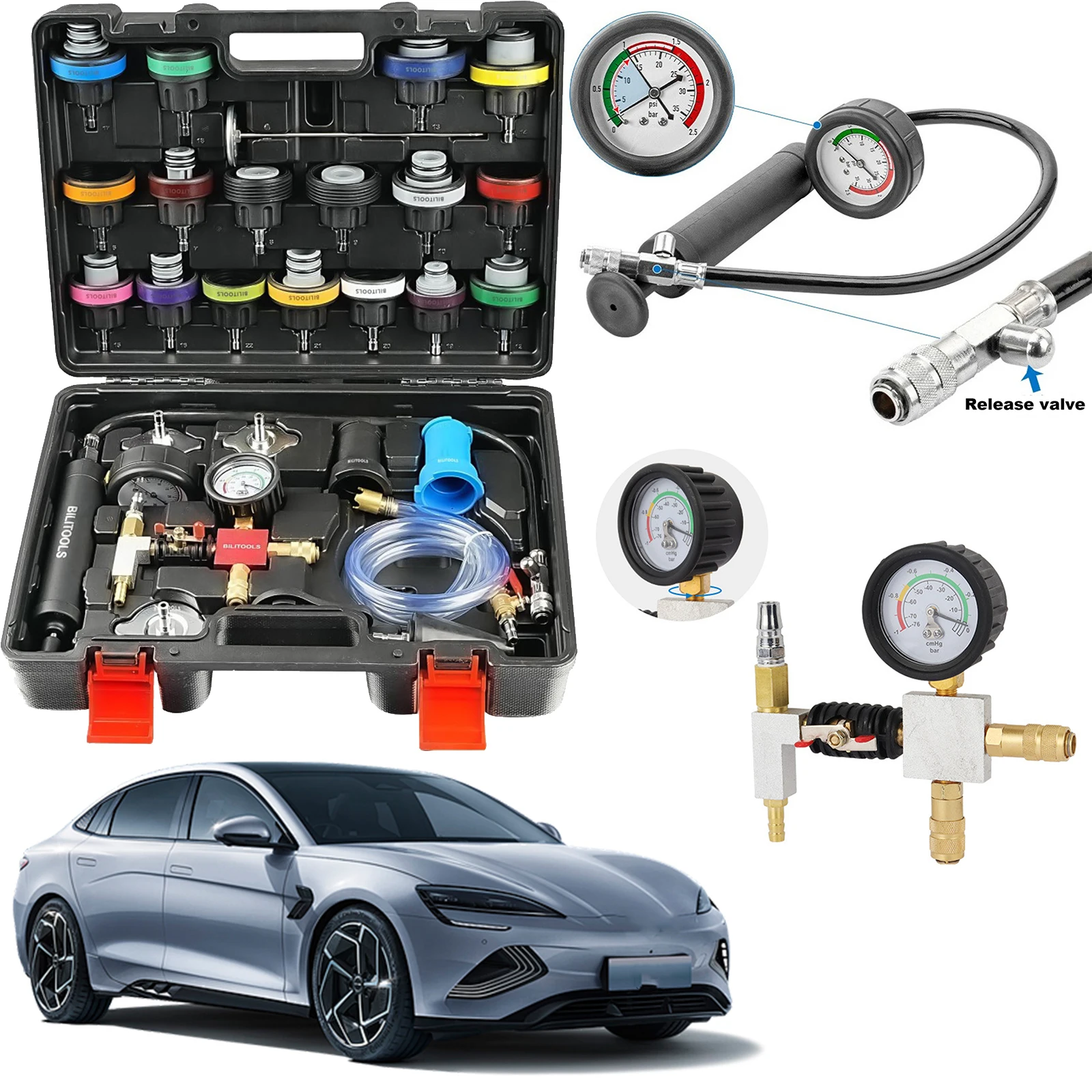 

Radiator Pressure Tester 28-Piece Universal Fit Vacuum Filling Kit Radiator Leak Tester Leak Detection Leak Tester Tool