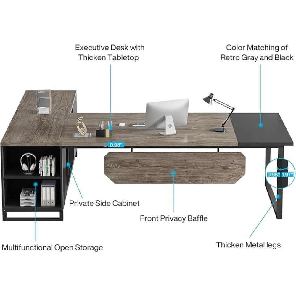 70.8-Inch Executive Desk with 55-Inch File Cabinet, Large L Shaped Computer Desk with Storage Cabinet and Shelves, Industrial