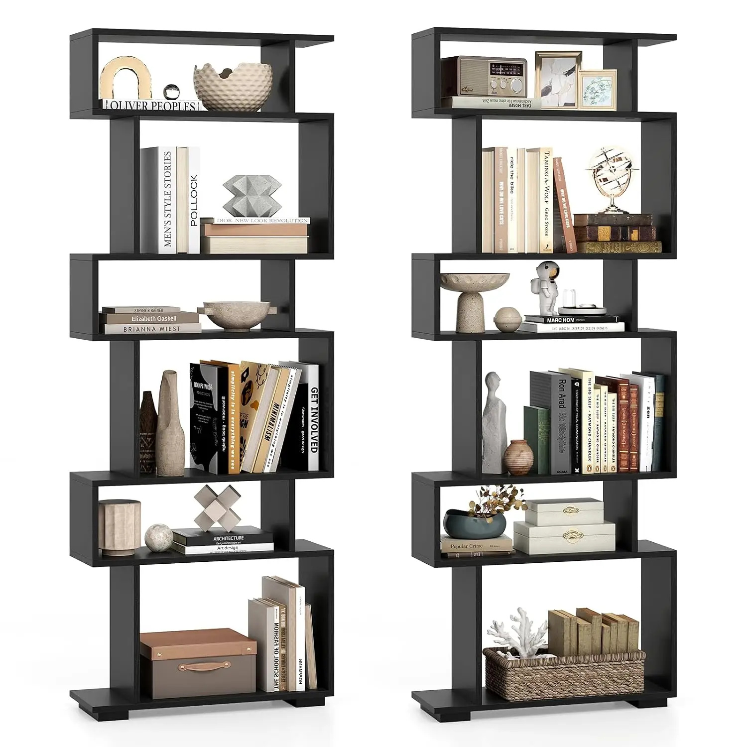 6-Tier Storage Bookshelf Set Of 2, Tall Display Shelf With Anti-toppling Kits, Decorative Room Divider, S-Shaped, Customized