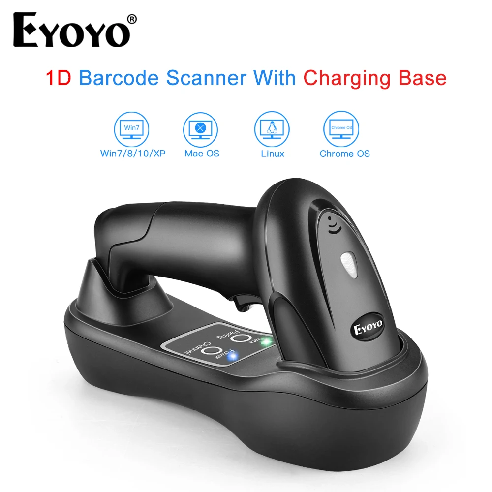 

Eyoyo Wireless Handheld Barcode Scanner 1D With USB Cradle Receiver Charging Base And Button Control Portable Bar Codes Reader