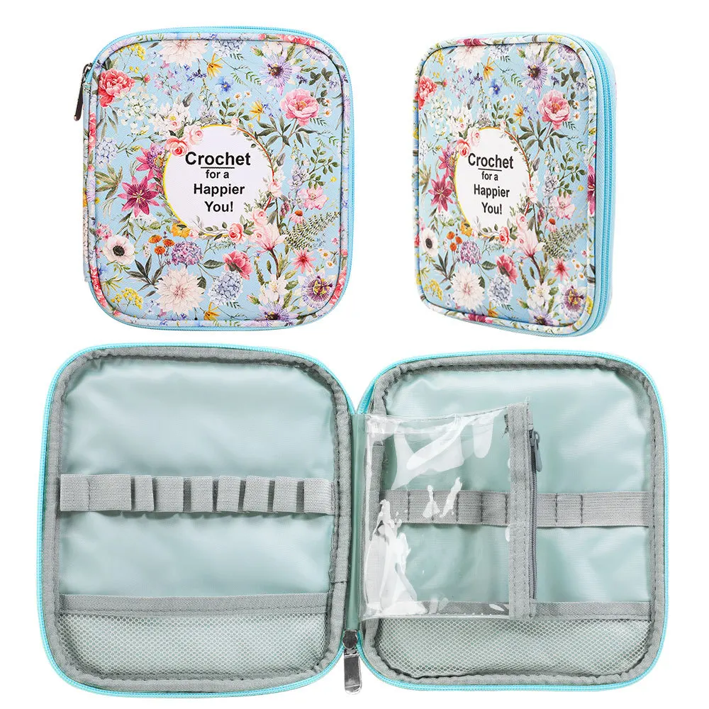 Waterproof Knitting Tool Accessory Storage Bag for Crochet Knitting DIY Storage with Floral Print Multiple Compartments Zipper
