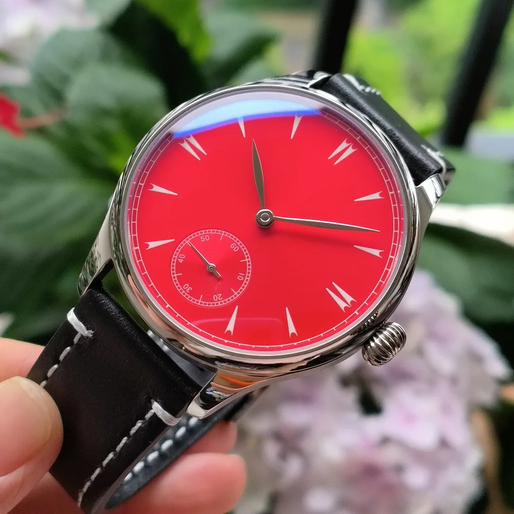 no logo 44mm Mechanical Hand Wind watch Red dial AR coated Mineral glass Seagull movement ST3621