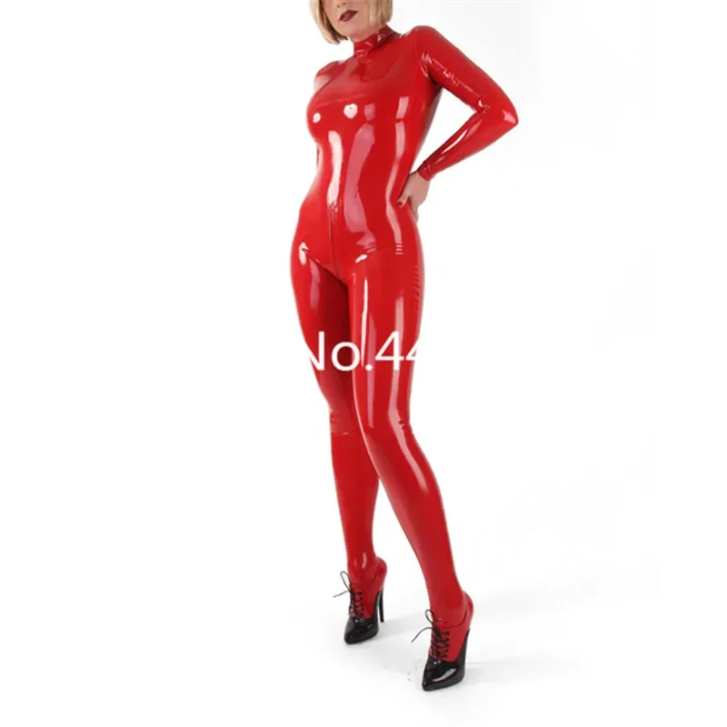 Red Latex High Collar Catsuit Tight Latex Rubber Zentai With Latex Socks Handmade High Quality Tights Suit