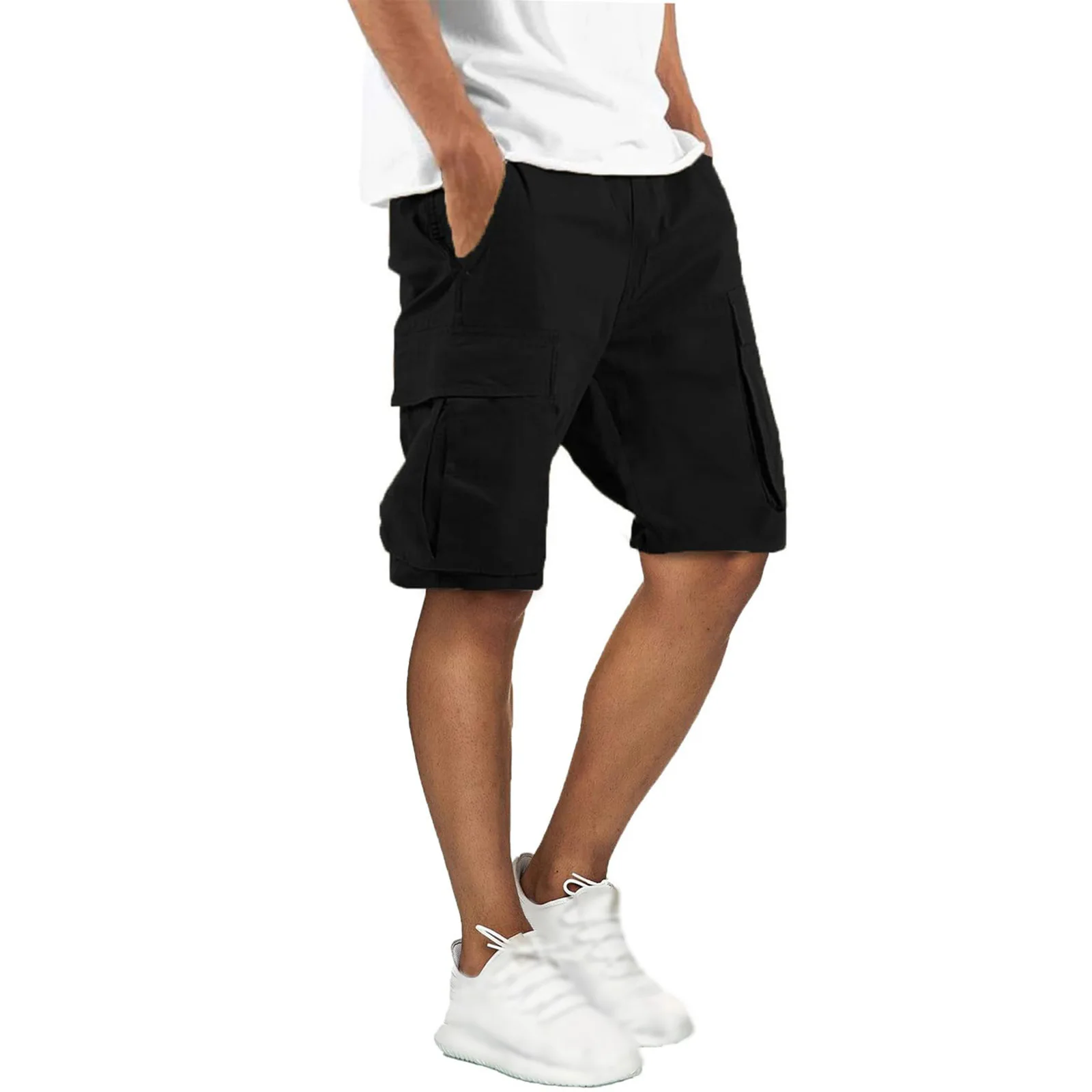 Shorts Cargo Masculinos com Múltiplos Bolsos para o Verão, Cintura com Cordão, Comprimento até o Joelho, Uso ao Ar Livre, Ajuste Solto, Confortáveis, Calças Casuais Masculinas