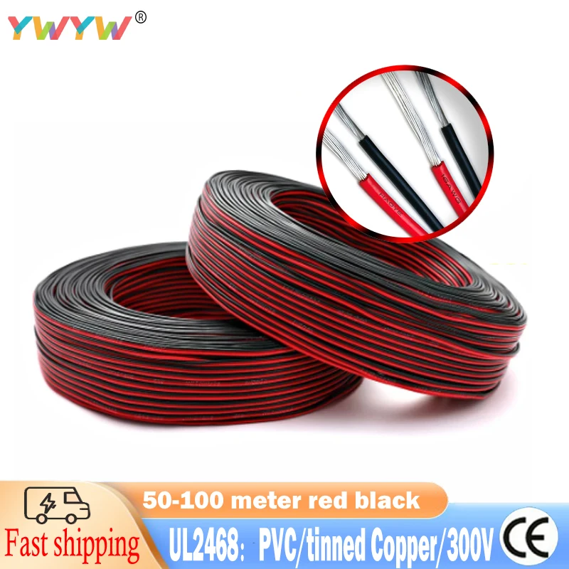 50/100Meters 2 Pin Electrical Wires 28/26/24/22/20/18/16AWG Red Black Flat Ribbon Cable Speaker Wire For LED Car Audio Connector