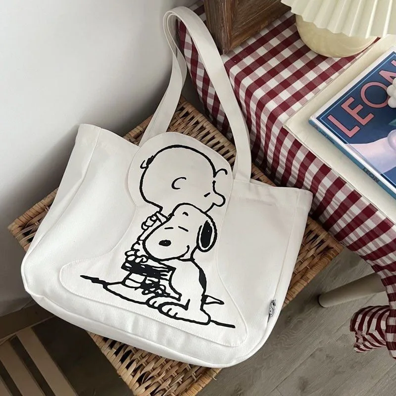 Animazione Snoopy borsa Tote in tela a spalla singola bianca di grande capacità borsa per mamma all\'aperto borsa per libri per IPad zaino per ragazze