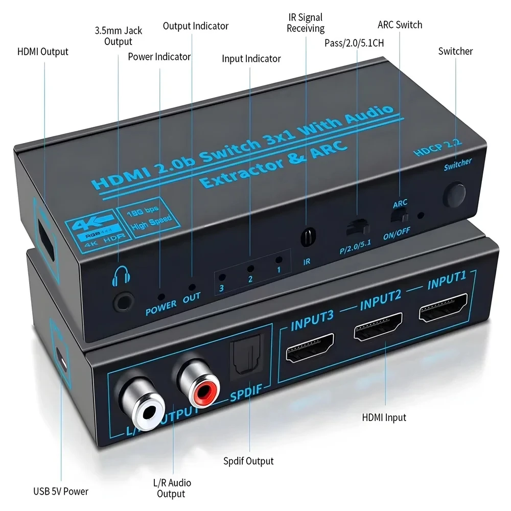 3-portowy przełącznik HD-MI 2.0 4K@60Hz Audio Extractor ARC Toslink SPDIF Kompatybilny z HDMI konwerter przełączający 3x1 do PS5 Xbox TV Laptop