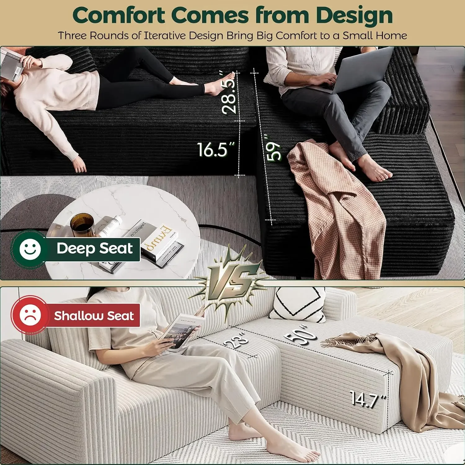 108 Inch Corduroy Modular Sectional Sofa L-Shape Left Chaise, Boneless Deep Seat No Assembly Compressed Furniture