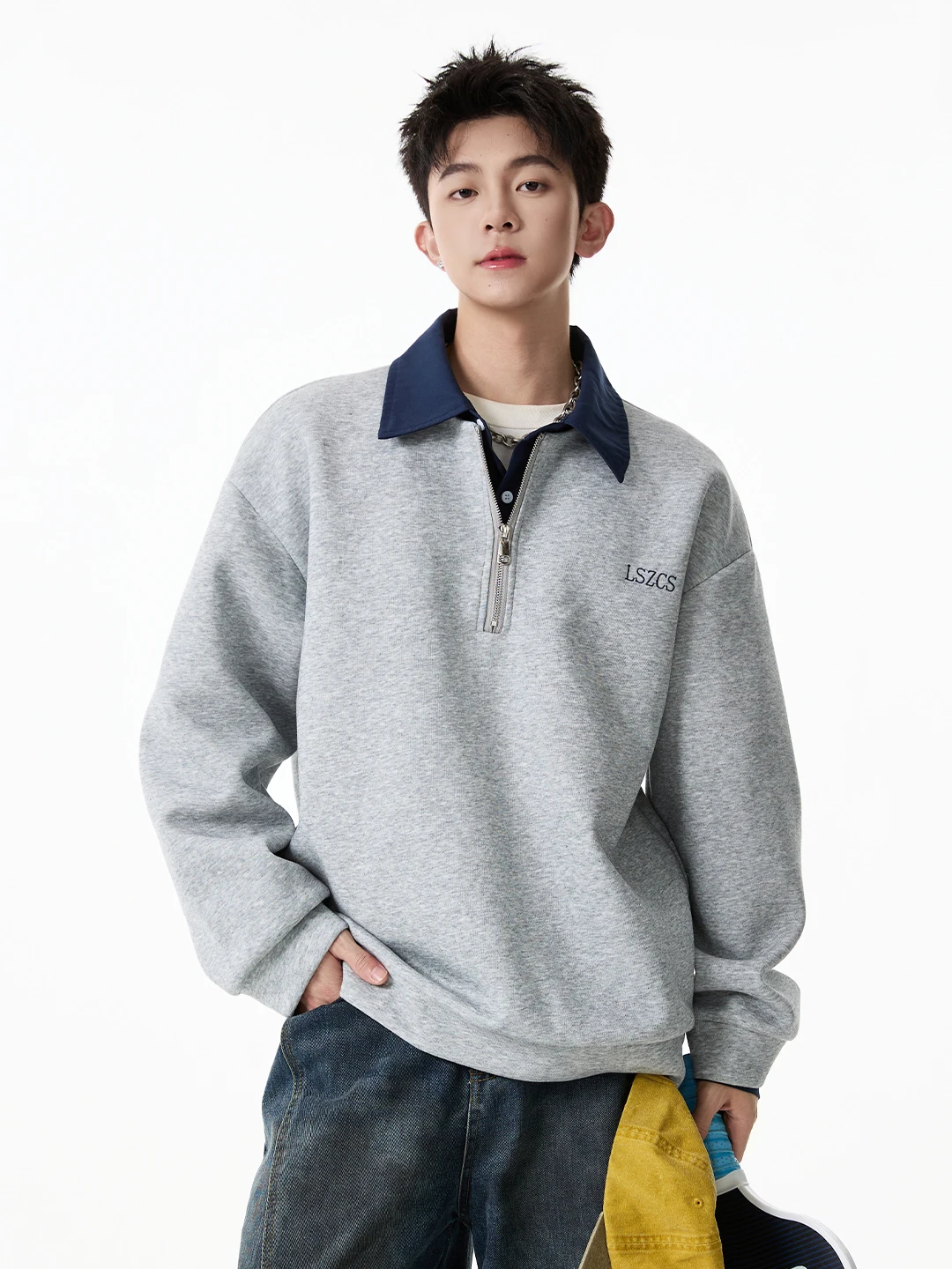 

Color Blo f Zipper Embroidered Loose Long Sve irt for Men Spring Autumn Casual Comfortable Cotton Blend Sweats...