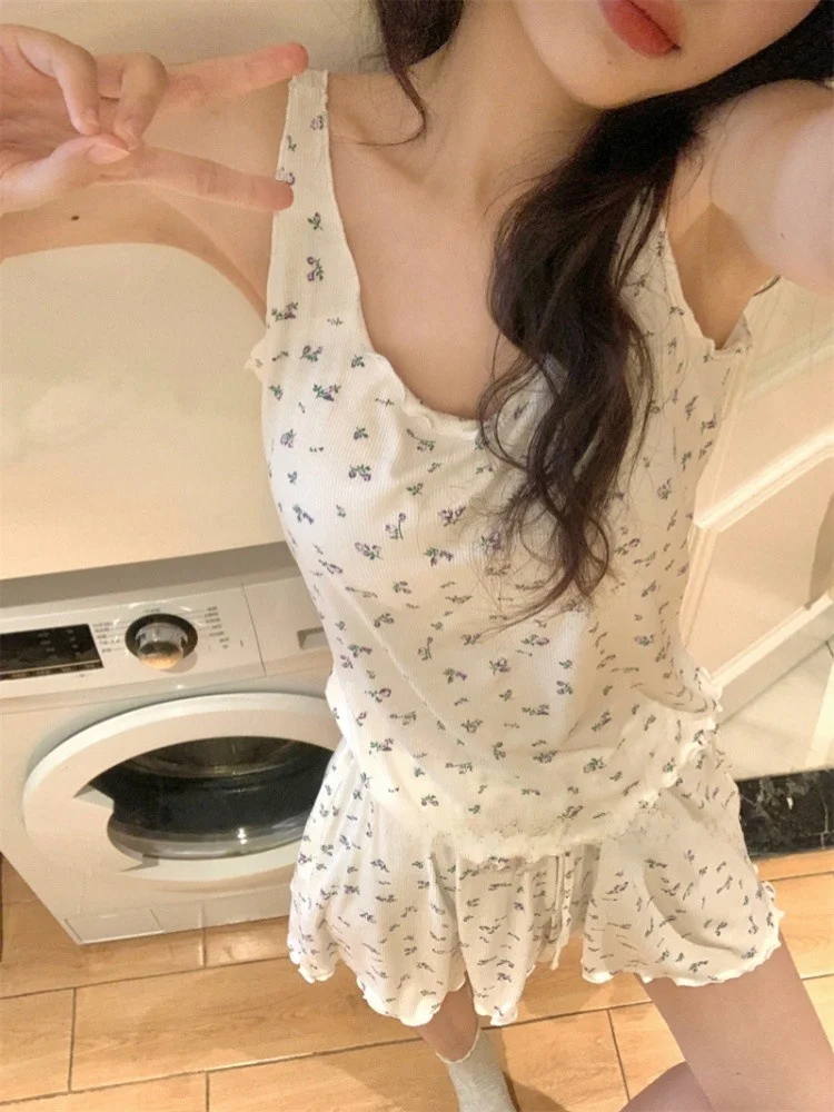 

Korean Sweet Floral Print Che Nightgown Women's Summer Home Clothes Set with Chest Pad ort Sve round Ne ort Pants