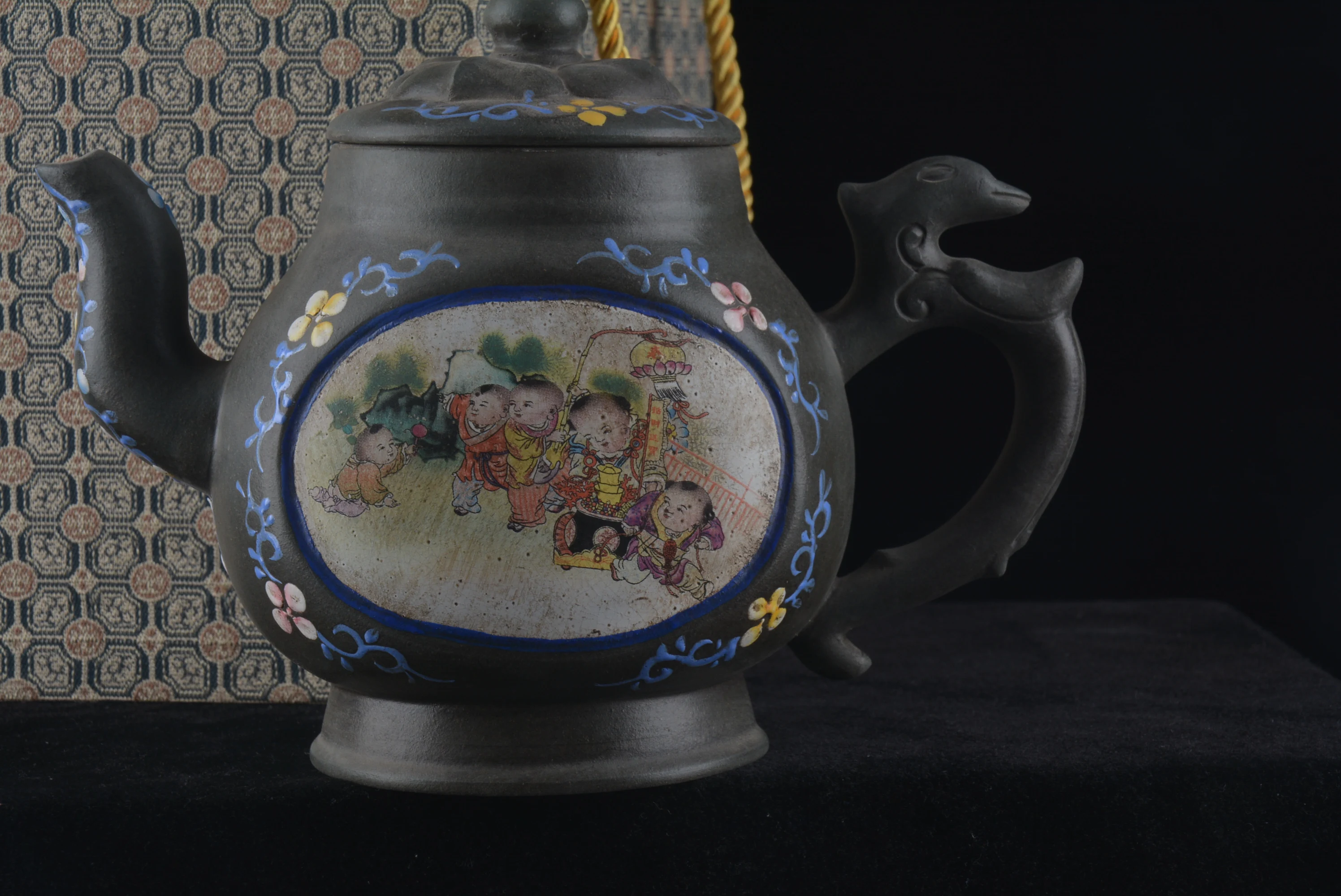 Old Chinese Handcraft Enameled YiXing Purple Clay  (yellow stoneware) Teapot ,Pink color,with mark,Free shipping