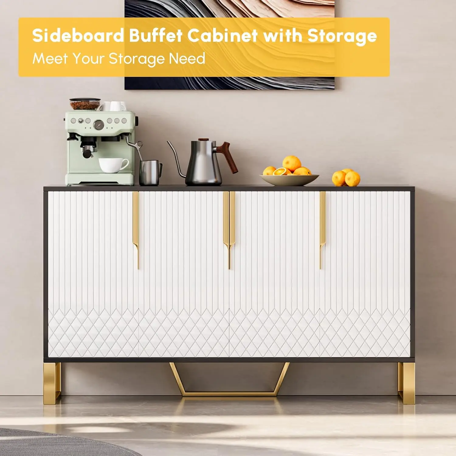 Modern Buffet Cabinet 4 Doors 6 Shelves Sideboard Dining Room Kitchen Storage Furniture 59 Inch, Customized