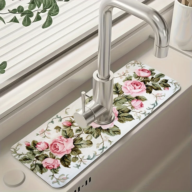 VIKAMA Vintage Pink Rose Sink Mat, Kitchen Faucet Drain Mat, French Countryside Style Countertop Drainage Pad