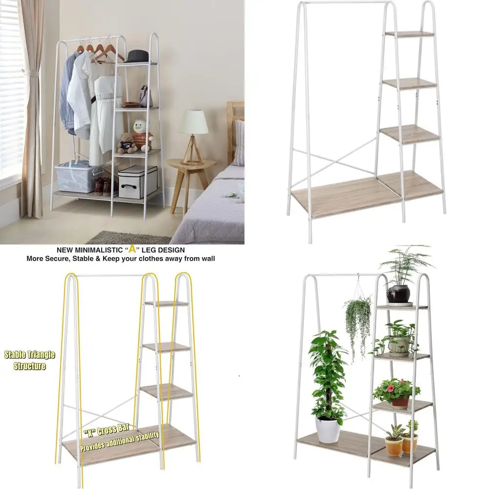 

White Heavy-Duty Freestanding Portable Clothes Closet Rack with 5 Wooden Shelves for Bedroom, Entryway, Boutiques