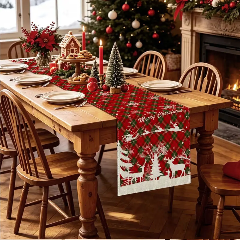 Linen Table Runner Snowman Christmas Tree  Gift Print Cream Winter Holiday Table Centerpiece  Dining Room