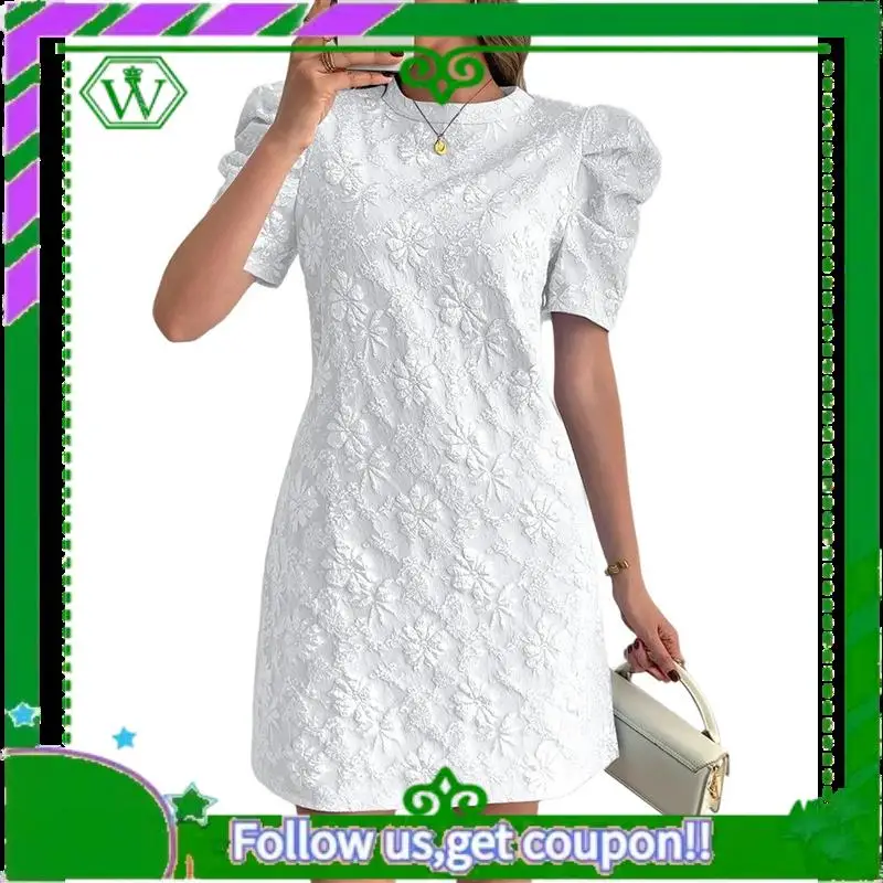 A18P-Women's Floral Puff Short Sleeve Mini Dress High Waist Summer Boho Short Dresses