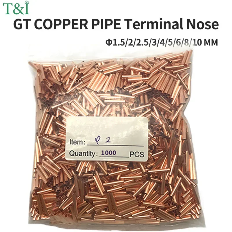 

1000PC GT Copper Connecting Pipe Connection Tube Wire Connector Cold Crimping Terminal Φ1.5/2/2.5/3/4/5/6/7/8/10 Mm