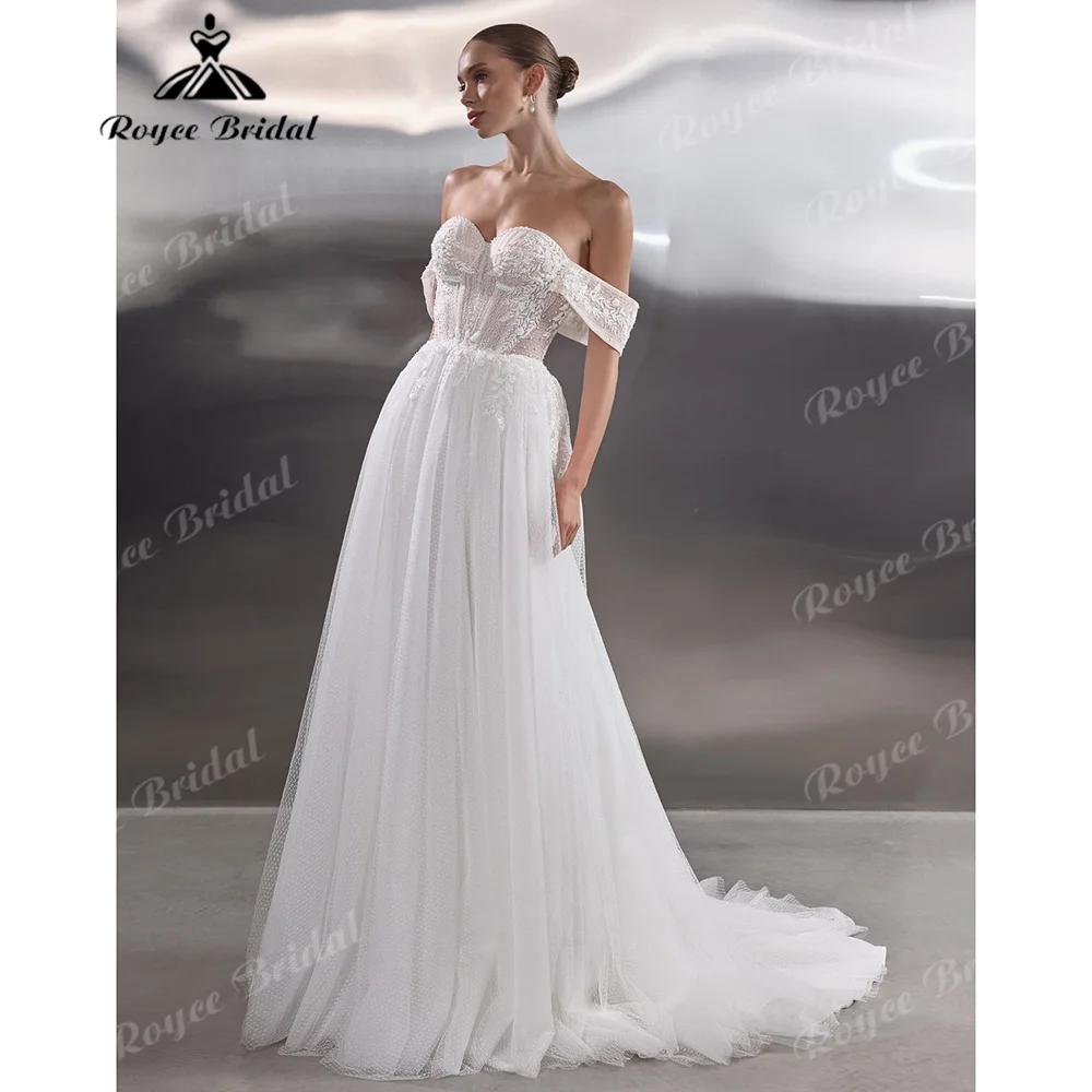 2027 Off The Shoulder A Line Wedding Dress Sweetheart Neck Lace Applique Beaded Tulle Vestido De Novia Court Train Customized
