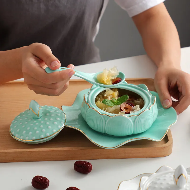 1 Set Hotel Phnom Penh Chinese Lotus Stew Cup Ceramic Steamed Egg Cup Soup Bowl Sweet Bowl Tableware Household Goods