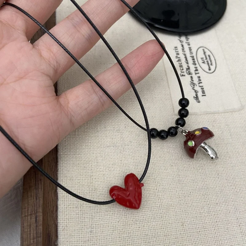 Y2K Red Drip Glaze Mushroom Heart Pendant Necklace Trendy Black Rope Drawstring Cute Exquisite Collarbone Chain for Women Girl