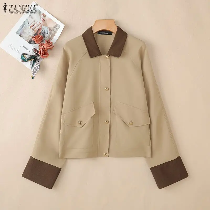 

Women Contrast-Color Lightweight Jackets 2026 Spring Turn-Down Collar Long Sleeve Button Up Outerwear Casual Woman Clothes 3XL