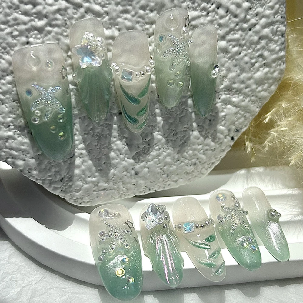 10PCS Summer Ocean Waves Fishtail Green Long Oval Handmade Press On Nails Cottagecore Stars Cat Eye Glitter Fake Nails Nail Art