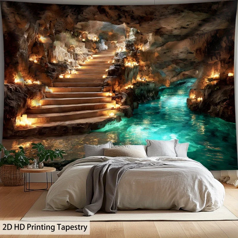 Nordic Style Cave Exploration Scenery Tapestry Living Room Bedroom Office Polyester Fiber Wall Hanging Home Decoration