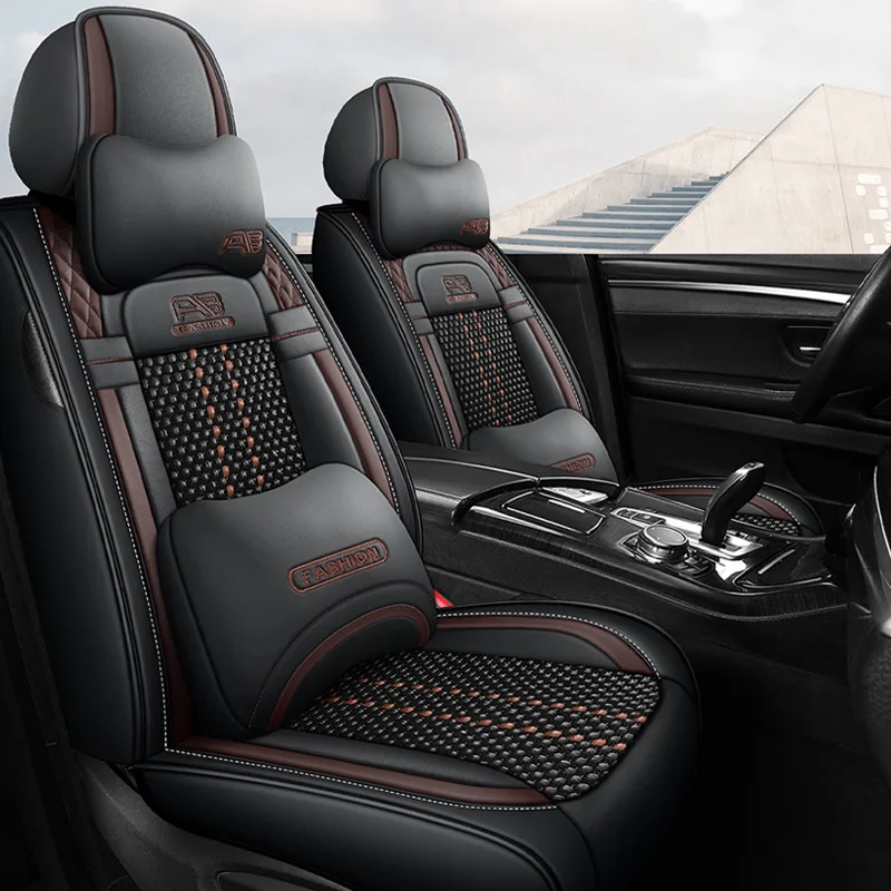 Full Coverage Ice Silk Car Seat Cover Set, Leather Trim Cartoon Print Cushion Pad for All Season, Breathable Anti-Slip Auto