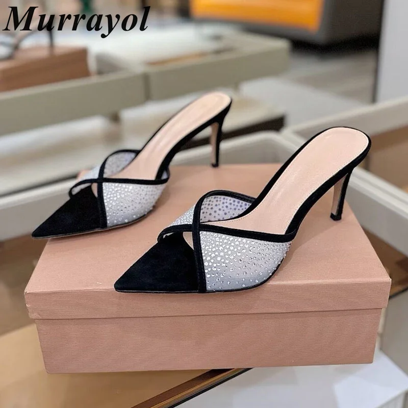 Thin High Heels Women Mesh Pointed Toe Slippers Bling Rhinestone Decor Sandals Summer Party Dress Sandalias Zapatos De Mujer