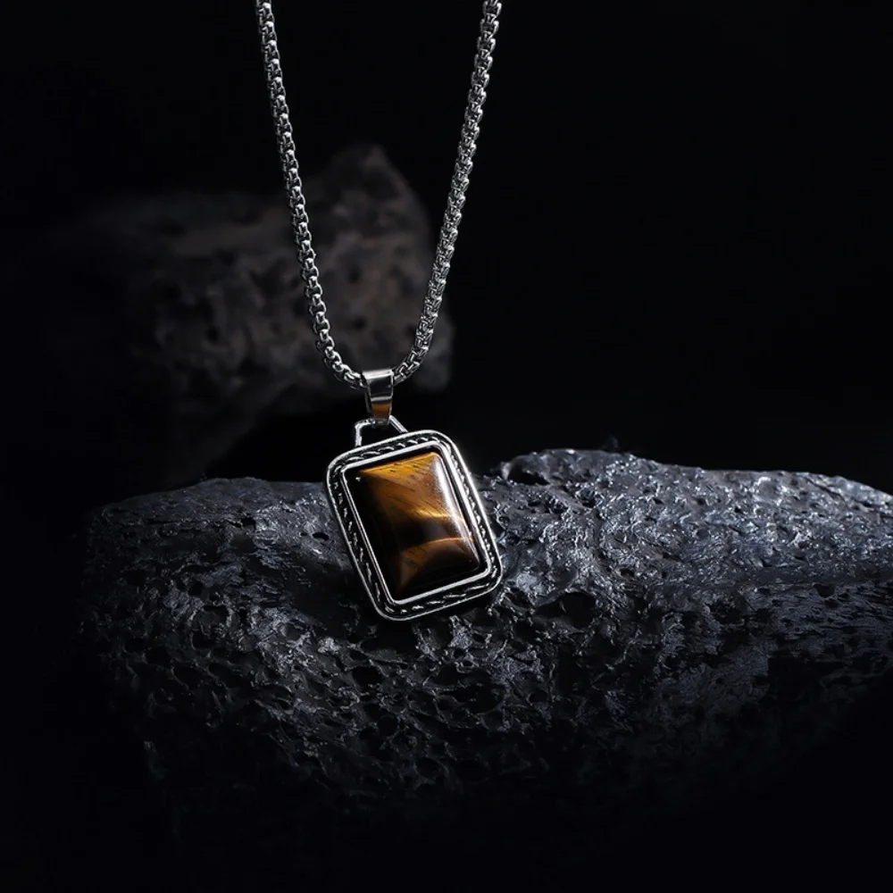 Hip-Hop-Herren-Halskette mit quadratischem braunem Edelsteinanhänger, Vintage-Schmuck aus Edelstahl, modische Damen-Halskette, Accessoires – Detail 1