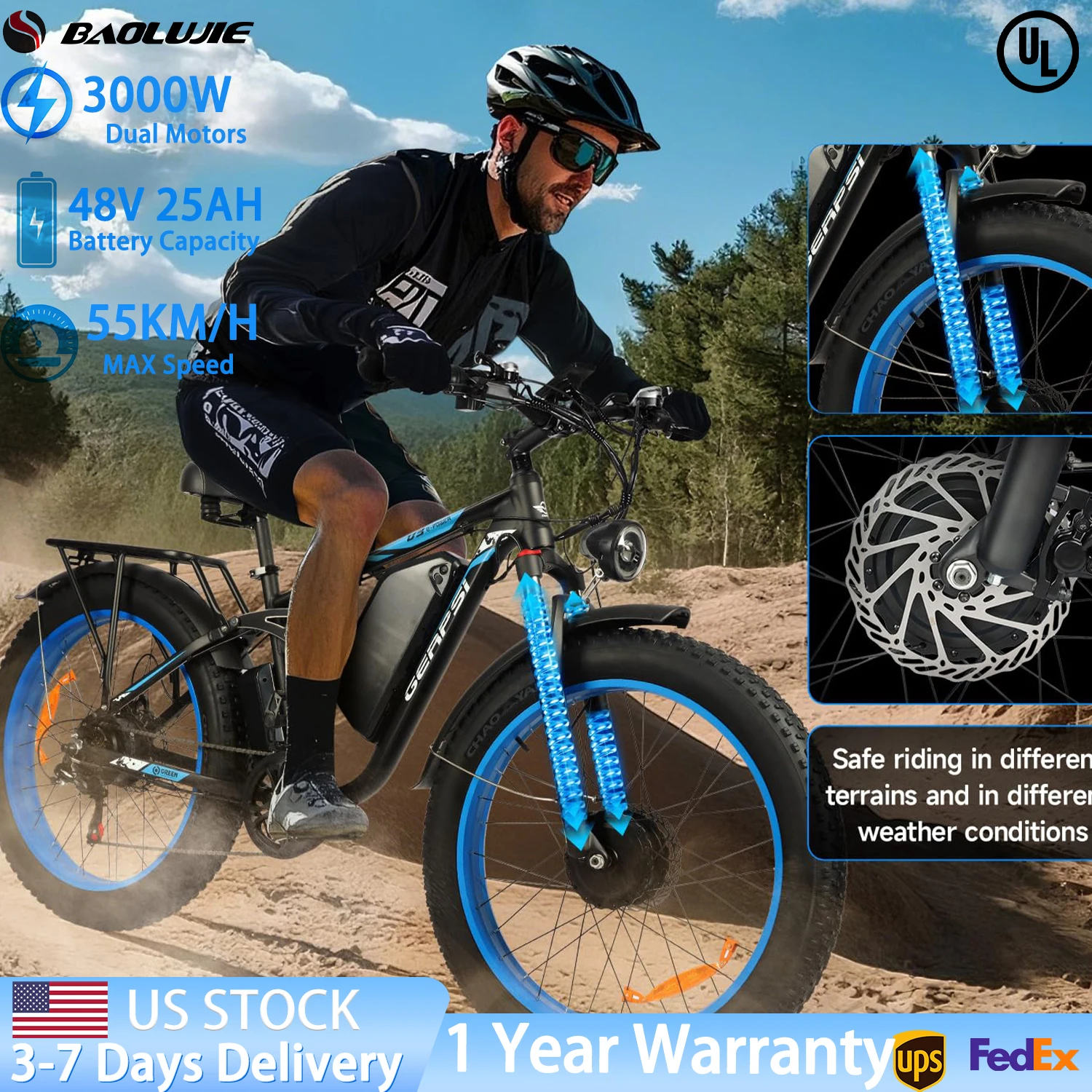 

Adult E-Bike 3000W Dual Motor Electric Bike Mountain Electric Bicycle 48V 25AH Removable Battery 26 Inch Fat Tire Ebike Off-Road