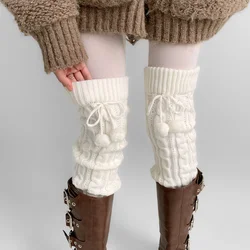 Japanese Knitted Leg Covers Wool Ball Long Over The Knee Home Leg Warmers Winter Warm Boot Socks Stockings Lolita Jk Accessories