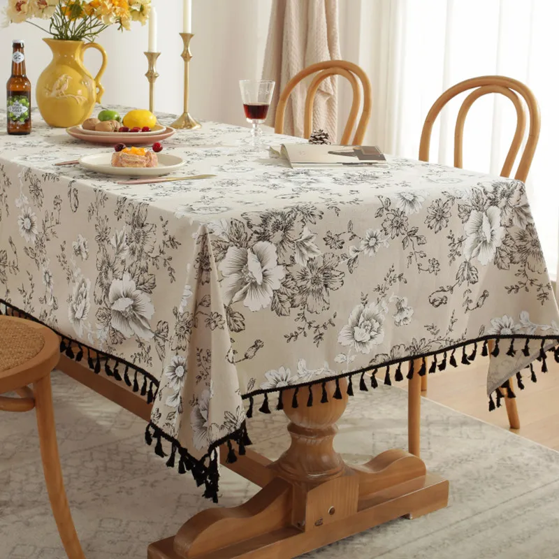 Cotton Linen Peony Printed Table Cloth with Tassel Dust-Proof Circular Floral Table Cover for Wedding Party Dinning Decor