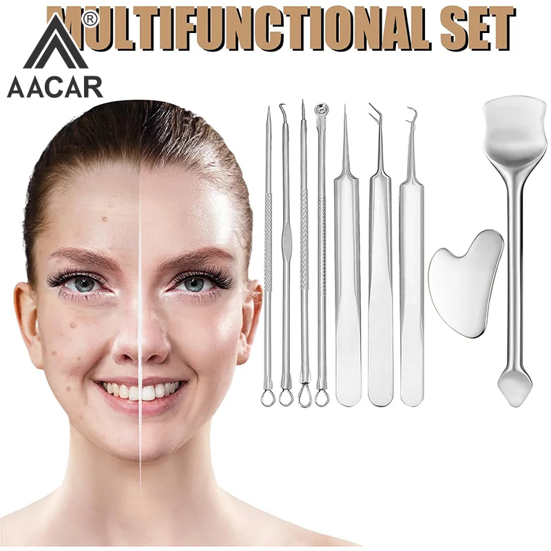 New 9pcs Blackhead Remover Kit Face Cleaning Shovel Stainless Steel Pimple Popper Blackhead Remover Kit For Forehead Face Nose