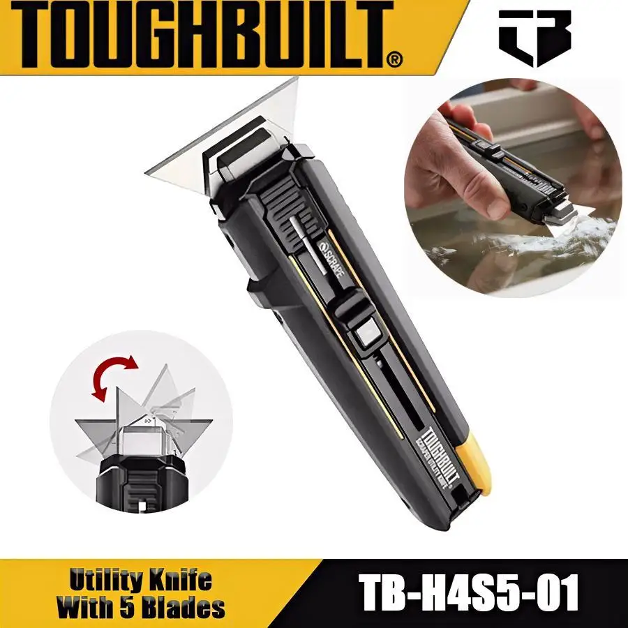 TOUGHBUILT TB-H4S5-01 Scraper Utility Knife With 5 Blades Hand Tools Glass Scraper Cleaning Walls Table Tops Floors